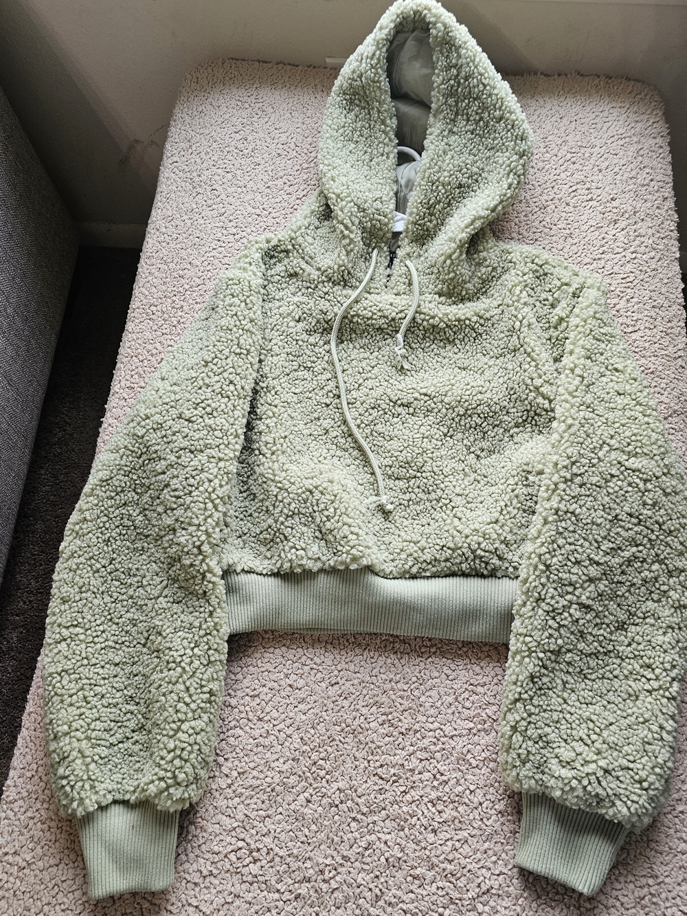 Forever 21 Cropped Sherpa Hoodie - Sage Green